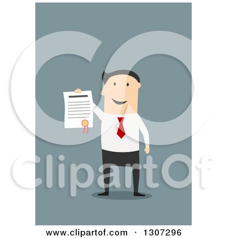 Clipart of a Flat Design of a Happy White Businessman Holding up a Certificate, on Blue - Royalty Free Vector Illustration by Vector Tradition SM