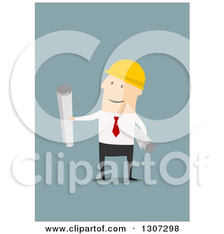 Clipart of a Flat Design White Contractor Worker Holding Plans, on Blue - Royalty Free Vector Illustration by Vector Tradition SM