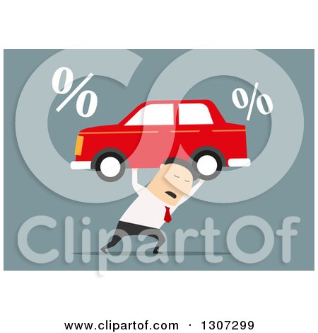 Clipart of a Flat Design White Businessman Lifting a Heavy Car with Percent Symbols on Blue - Royalty Free Vector Illustration by Vector Tradition SM