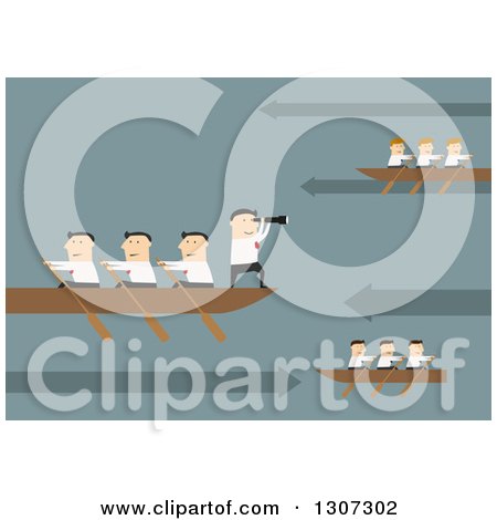 Clipart of a Flat Design of White Businessmen Rowing Boats, with Arrows and a Boss Using a Spyglass, on Blue - Royalty Free Vector Illustration by Vector Tradition SM