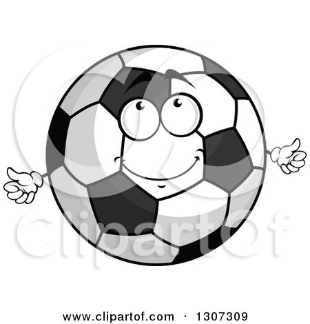 Clipart of a Cartoon Grayscale Happy Soccer Ball Character Looking Upwards and Giving a Thumb up - Royalty Free Vector Illustration by Vector Tradition SM
