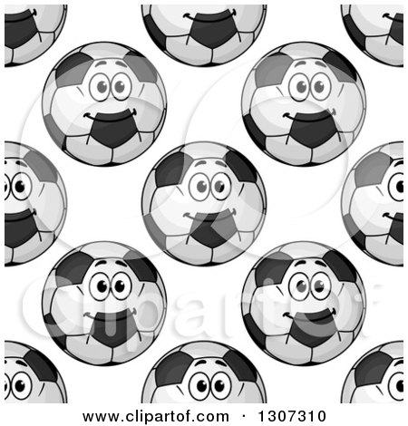 Clipart of a Seamless Background Pattern of Happy Grayscale Soccer Ball Characters - Royalty Free Vector Illustration by Vector Tradition SM