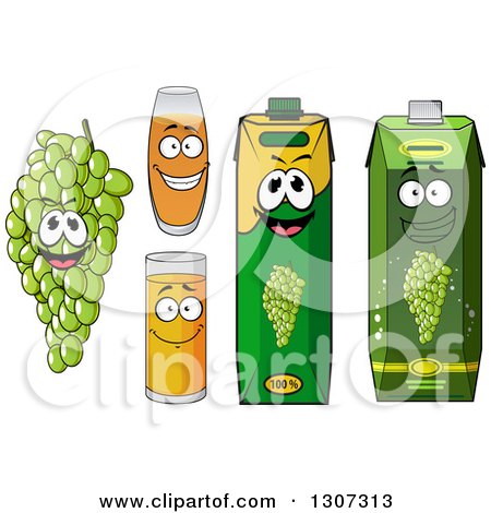 Clipart of a Happy Bunch of Green Grapes Character, Juice Glasses and Cartons - Royalty Free Vector Illustration by Vector Tradition SM