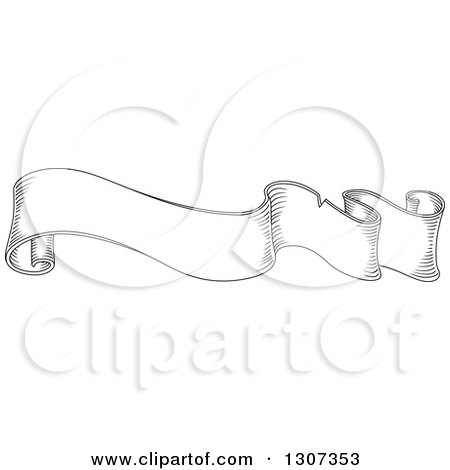 Clipart of a Black and White Sketched Vintage Styled Blank Ribbon Banner 14 - Royalty Free Vector Illustration by Vector Tradition SM