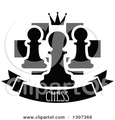 Clipart of a Back and White Chess Board with a Crown and Pawns over a Text Banner - Royalty Free Vector Illustration by Vector Tradition SM