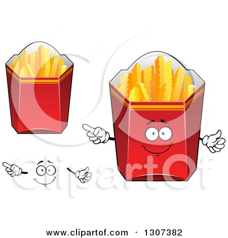 Clipart of a Cartoon Face, Hands and Red Boxes of Crinkle French Fries - Royalty Free Vector Illustration by Vector Tradition SM