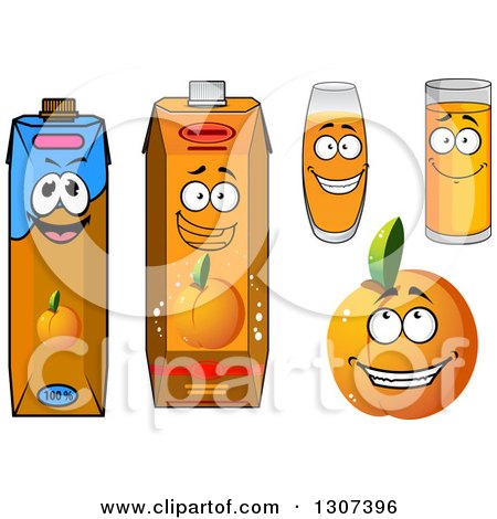 Clipart of a Cartoon Peach Apricot or Nectarine Character and Juices - Royalty Free Vector Illustration by Vector Tradition SM