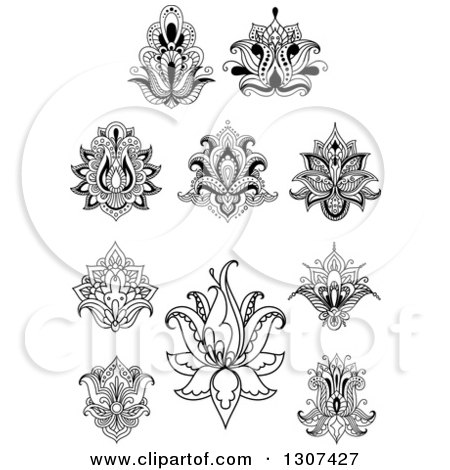 Clipart of Black and White Henna and Lotus Flowers 9 - Royalty Free Vector Illustration by Vector Tradition SM