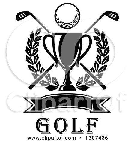 Clipart of a Black and White Championship Trophy with a Golf Ball, Crossed Clubs, Leafy Wreath and Blank Banner over Text - Royalty Free Vector Illustration by Vector Tradition SM