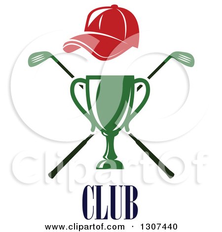 Clipart of a Green Championship Trophy with Red Hat over Crossed Clubs over Text - Royalty Free Vector Illustration by Vector Tradition SM