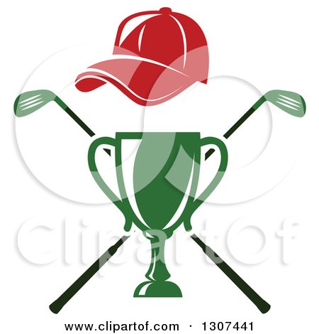 Clipart of a Green Championship Trophy with Red Hat over Crossed Clubs - Royalty Free Vector Illustration by Vector Tradition SM