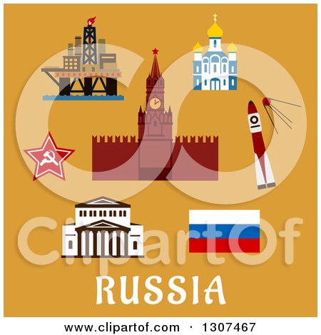 Clipart of Flat Design Russian Travel Icons and Symbols with Big Theater, Kremlin, Temple, Rocket and Satellite, Star, Oil Rig and Flag with Text on Orange - Royalty Free Vector Illustration by Vector Tradition SM