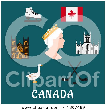Clipart of Flat Design Canadian Travel Symbols Depicting the Queen, Commonwealth, Ice Skates and Ice Hockey, Flag, Landmarks and Goose over Text on Blue - Royalty Free Vector Illustration by Vector Tradition SM