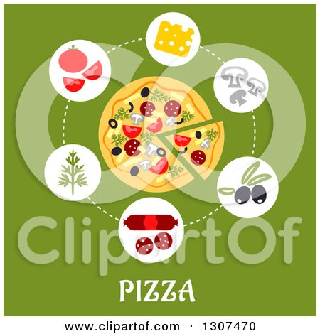 Clipart of a Flat Design of a Pizza and Ingredients over Text on Green - Royalty Free Vector Illustration by Vector Tradition SM