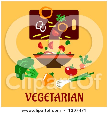 Clipart of a Flat Design of a Bowl of Vegetables on Yellow with Text - Royalty Free Vector Illustration by Vector Tradition SM