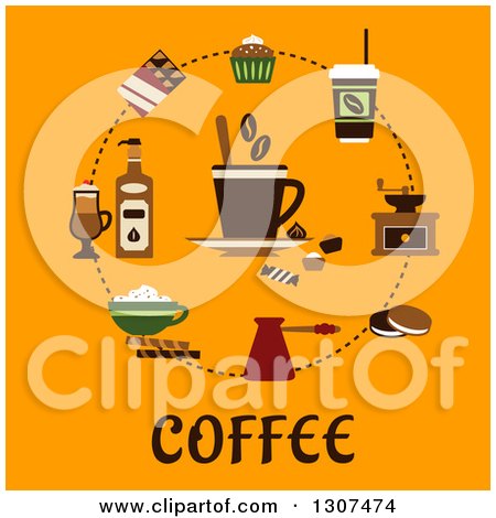 Clipart of a Circle of Coffee Items over Text on Orange - Royalty Free Vector Illustration by Vector Tradition SM
