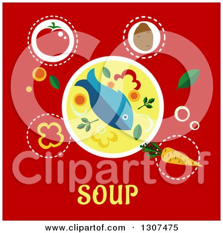 Clipart of a Bowl of Fish Soup and Ingredients over Text on Red - Royalty Free Vector Illustration by Vector Tradition SM