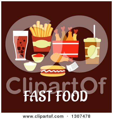 Clipart of a Modern Flat Design of Fast Food over Text on Brown - Royalty Free Vector Illustration by Vector Tradition SM