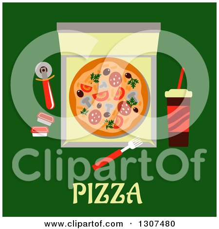 Clipart of a Flat Design of a Pizza Delivery Box over Text on Green - Royalty Free Vector Illustration by Vector Tradition SM