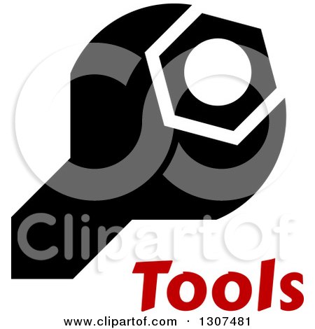 Clipart of a Black and White Wrench and Bolt over Red Tools Text - Royalty Free Vector Illustration by Vector Tradition SM