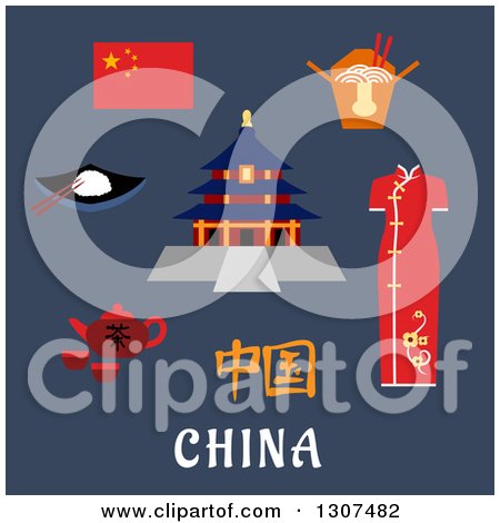 Clipart of Flat Design China Travel Icons National Flag, Woman Kimono, Tea Kettle with Cups, Bowl with Rice and Chopstick, Noodle Box and Ancient Temple of Heaven over Text on Blue - Royalty Free Vector Illustration by Vector Tradition SM