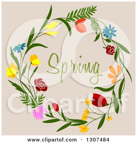Clipart of a Wreath Made of Flowers with Spring Text on Beige - Royalty Free Vector Illustration by Vector Tradition SM