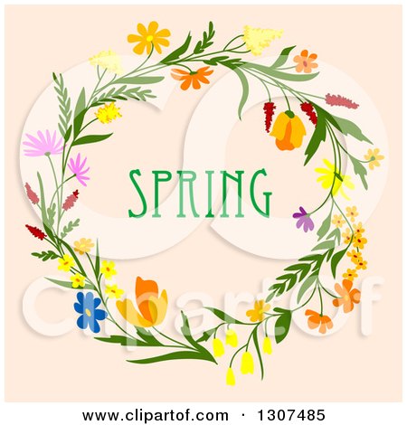 Clipart of a Wreath Made of Flowers with Spring Text on Beige 2 - Royalty Free Vector Illustration by Vector Tradition SM