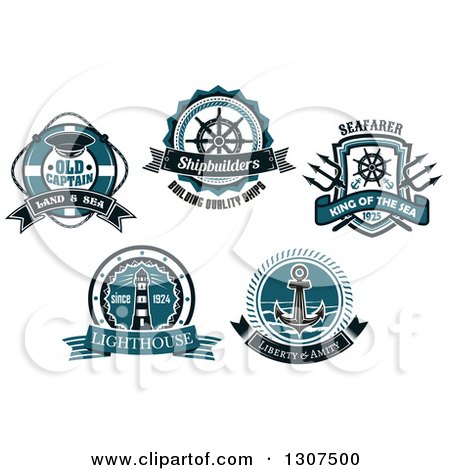 Clipart of Blue Nautical Life Buoy, Helm, Trident, Lighthouse and Anchor Designs with Text - Royalty Free Vector Illustration by Vector Tradition SM