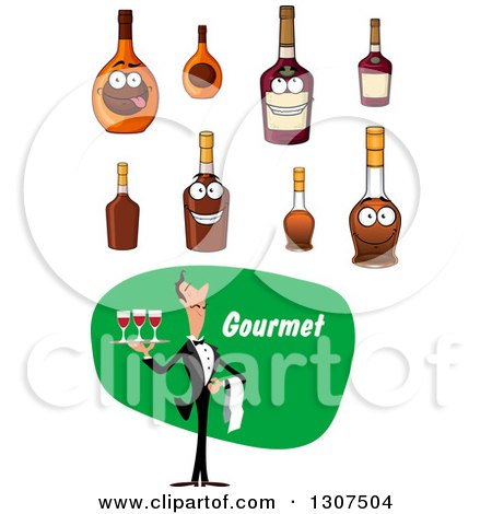 Clipart of a Cartoon Male Waiter Serving Red Wine, with Bottles - Royalty Free Vector Illustration by Vector Tradition SM