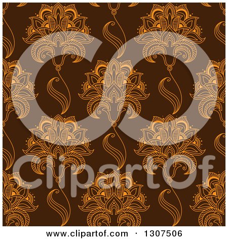 Clipart of a Background Pattern of Seamless Orange Henna Flowers on Brown - Royalty Free Vector Illustration by Vector Tradition SM