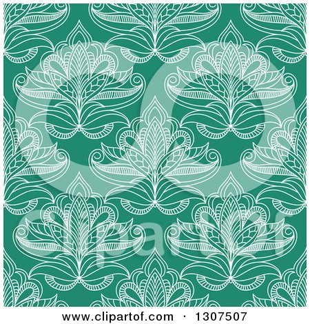 Clipart of a Seamless Pattern Background of White Lotus Henna Flowers on Green - Royalty Free Vector Illustration by Vector Tradition SM