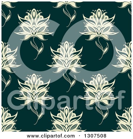 Clipart of a Background Pattern of Seamless Pastel Yellow Henna Flowers on Dark Green - Royalty Free Vector Illustration by Vector Tradition SM