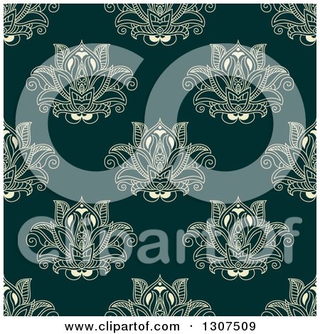 Clipart of a Seamless Pattern Background of Pastel Yellow Lotus Henna Flowers on Dark Green - Royalty Free Vector Illustration by Vector Tradition SM