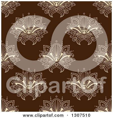 Clipart of a Seamless Pattern Background of Beige Lotus Henna Flowers on Brown - Royalty Free Vector Illustration by Vector Tradition SM