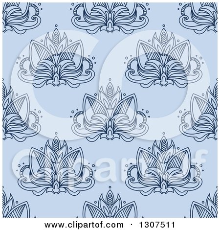 Clipart of a Seamless Pattern Background of Navy Lotus Henna Flowers on Blue - Royalty Free Vector Illustration by Vector Tradition SM