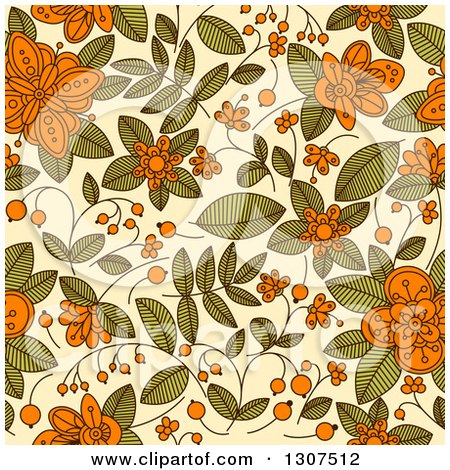 Clipart of a Seamless Background Pattern of Doodled Oranbe Berry Blossoms and Plants over Beige - Royalty Free Vector Illustration by Vector Tradition SM