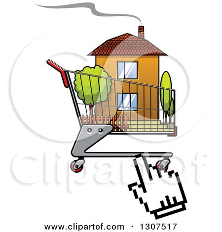 Clipart of a Hand Computer Cursor Clicking on a House in a Shopping Cart - Royalty Free Vector Illustration by Vector Tradition SM