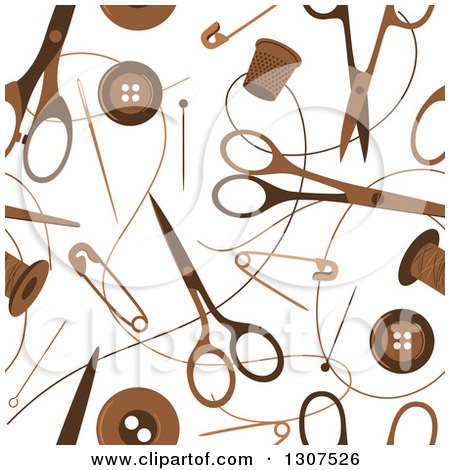 Clipart of a Seamless Background Pattern of Brown Spools of Thread, Sewing Needles, Thymbols, Scissors and Pins - Royalty Free Vector Illustration by Vector Tradition SM