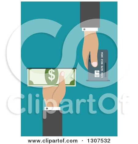 Clipart of a Flat Design of Hands Inserting a Credit Card and Cash in an Atm over Blue - Royalty Free Vector Illustration by Vector Tradition SM