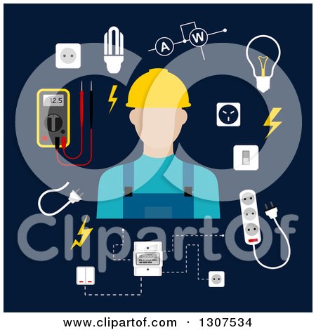 Clipart of a Flat Design White Male Electrician with Equipment on Navy Blue - Royalty Free Vector Illustration by Vector Tradition SM