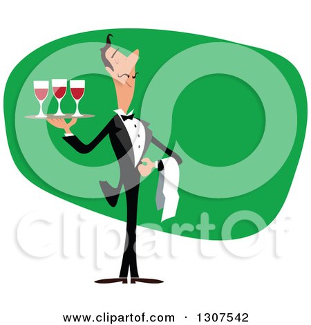Clipart of a Cartoon Male Waiter Serving Red Wine over Green - Royalty Free Vector Illustration by Vector Tradition SM