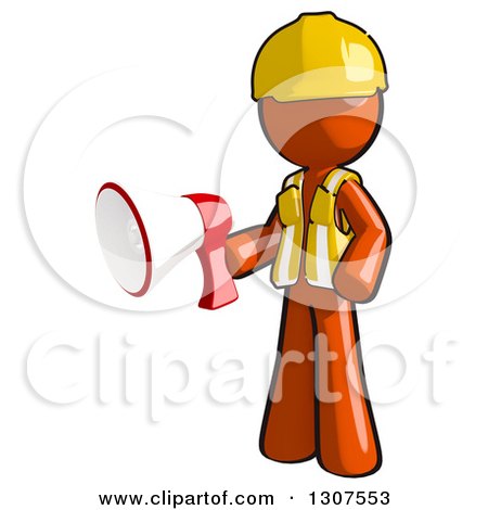 Clipart of a Contractor Orange Man Worker Holding a Bullhorn Megaphone - Royalty Free Illustration by Leo Blanchette