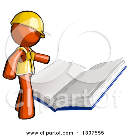 Clipart of a Contractor Orange Man Worker Reading a Big Book - Royalty Free Illustration by Leo Blanchette