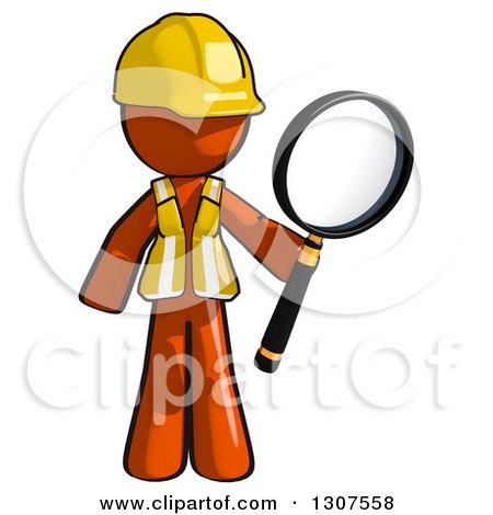 Clipart of a Contractor Orange Man Worker Holding a Magnifying Glass - Royalty Free Illustration by Leo Blanchette