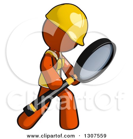 Clipart of a Contractor Orange Man Worker Searching or Inspecting with a Magnifying Glass - Royalty Free Illustration by Leo Blanchette