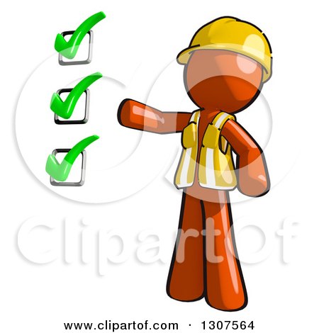 Clipart of a Contractor Orange Man Worker Presenting a Completed Check List - Royalty Free Illustration by Leo Blanchette