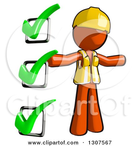 Clipart of a Contractor Orange Man Worker with a Completed Check List - Royalty Free Illustration by Leo Blanchette