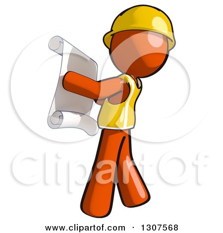 Clipart of a Contractor Orange Man Worker Facing Left and Reviewing a Schematic - Royalty Free Illustration by Leo Blanchette