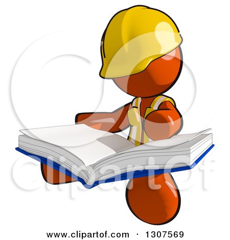 Clipart of a Contractor Orange Man Worker Sitting and Reading a Big Book - Royalty Free Illustration by Leo Blanchette