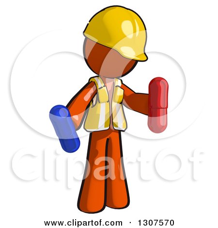 Clipart of a Contractor Orange Man Worker Holding Red and Blue Pills - Royalty Free Illustration by Leo Blanchette
